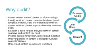 Why audit?
• Assess current state of content to inform strategy
• Identify whether content consistently follows brand,
tem...