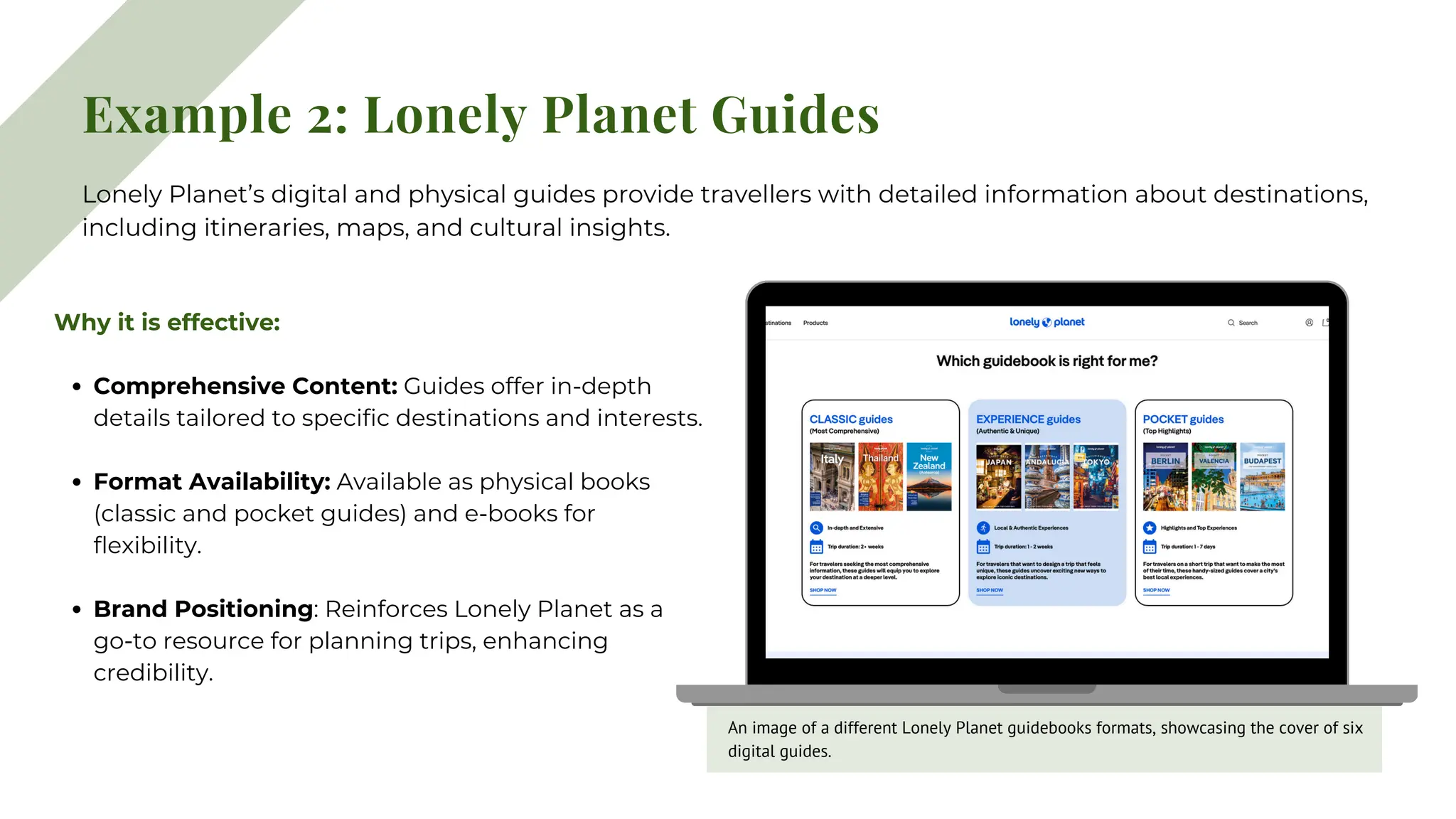 Example 2: Lonely Planet Guides
Why it is effective:
Comprehensive Content: Guides offer in-depth
details tailored to specific destinations and interests.
Format Availability: Available as physical books
(classic and pocket guides) and e-books for
flexibility.
Brand Positioning: Reinforces Lonely Planet as a
go-to resource for planning trips, enhancing
credibility.
Lonely Planet’s digital and physical guides provide travellers with detailed information about destinations,
including itineraries, maps, and cultural insights.
An image of a different Lonely Planet guidebooks formats, showcasing the cover of six
digital guides.
 