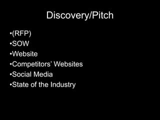 Discovery/Pitch
•(RFP)
•SOW
•Website
•Competitors’ Websites
•Social Media
•State of the Industry
 