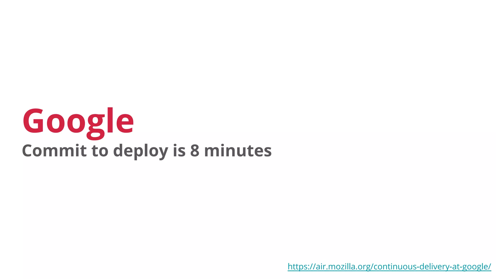 Google
Commit to deploy is 8 minutes
https://air.mozilla.org/continuous-delivery-at-google/