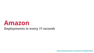 Amazon
Deployments in every 11 seconds
https://www.youtube.com/watch?v=dxk8b9rSKOo