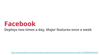 Facebook
Deploys two times a day, Major features once a week
https://www.facebook.com/notes/facebook-engineering/ship-early-and-ship-twice-as-often/10150985860363920/