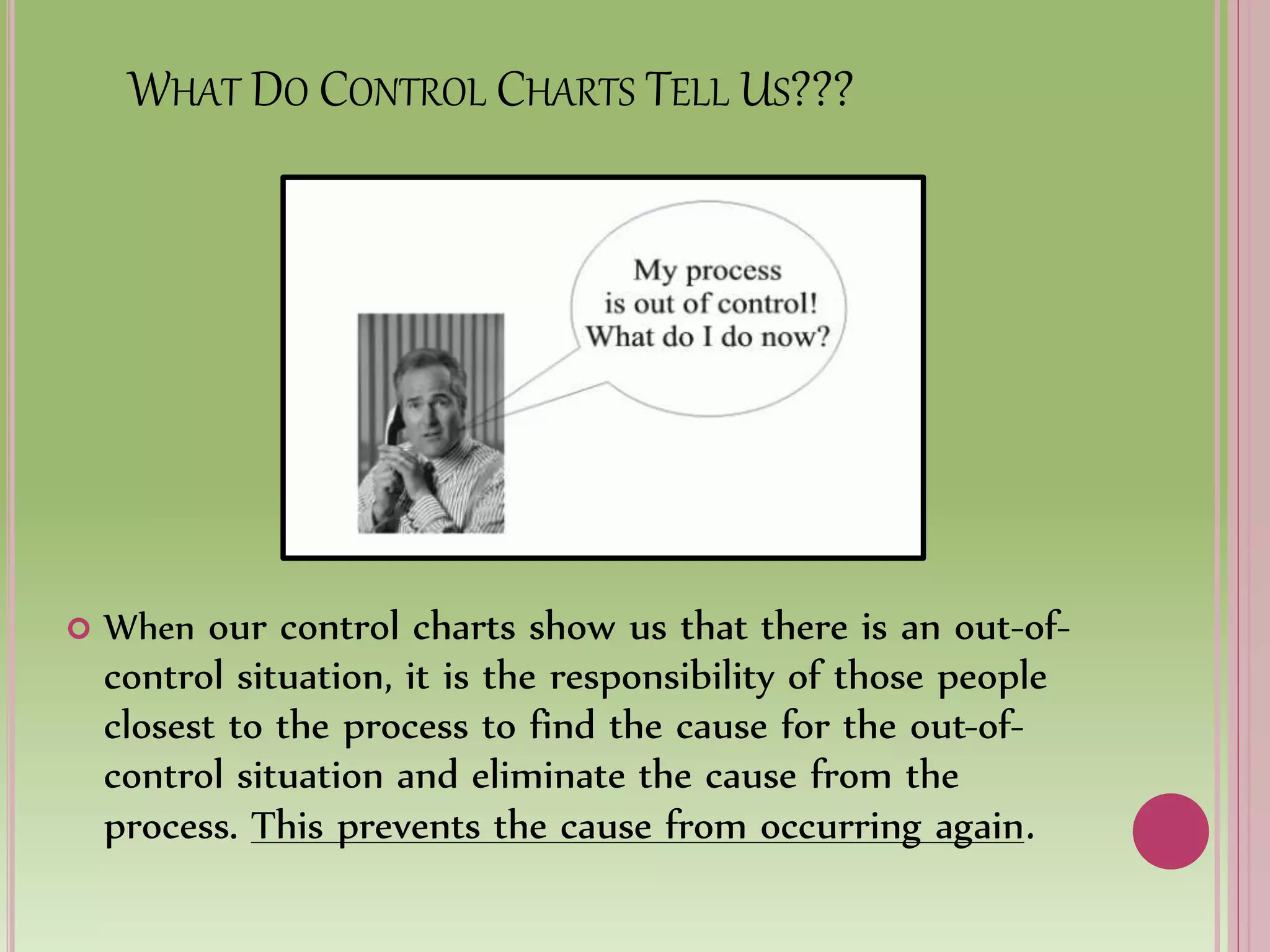 WHAT DO CONTROL CHARTS TELL US???
 When our control charts show us that there is an out-of-
control situation, it is the responsibility of those people
closest to the process to find the cause for the out-of-
control situation and eliminate the cause from the
process. This prevents the cause from occurring again.
 