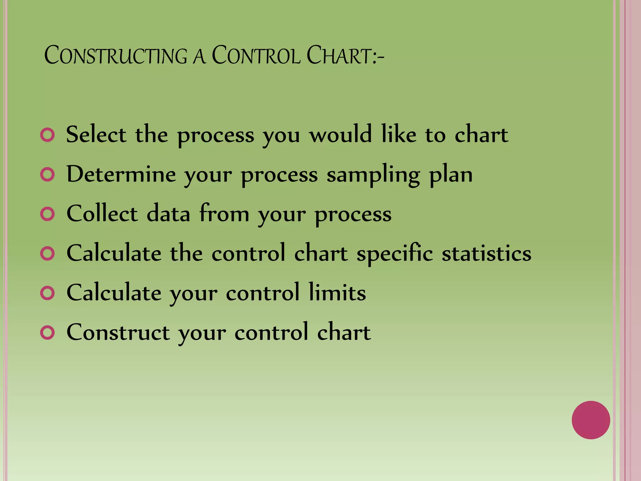 CONSTRUCTING A CONTROL CHART:-
 Select the process you would like to chart
 Determine your process sampling plan
 Collect data from your process
 Calculate the control chart specific statistics
 Calculate your control limits
 Construct your control chart
 