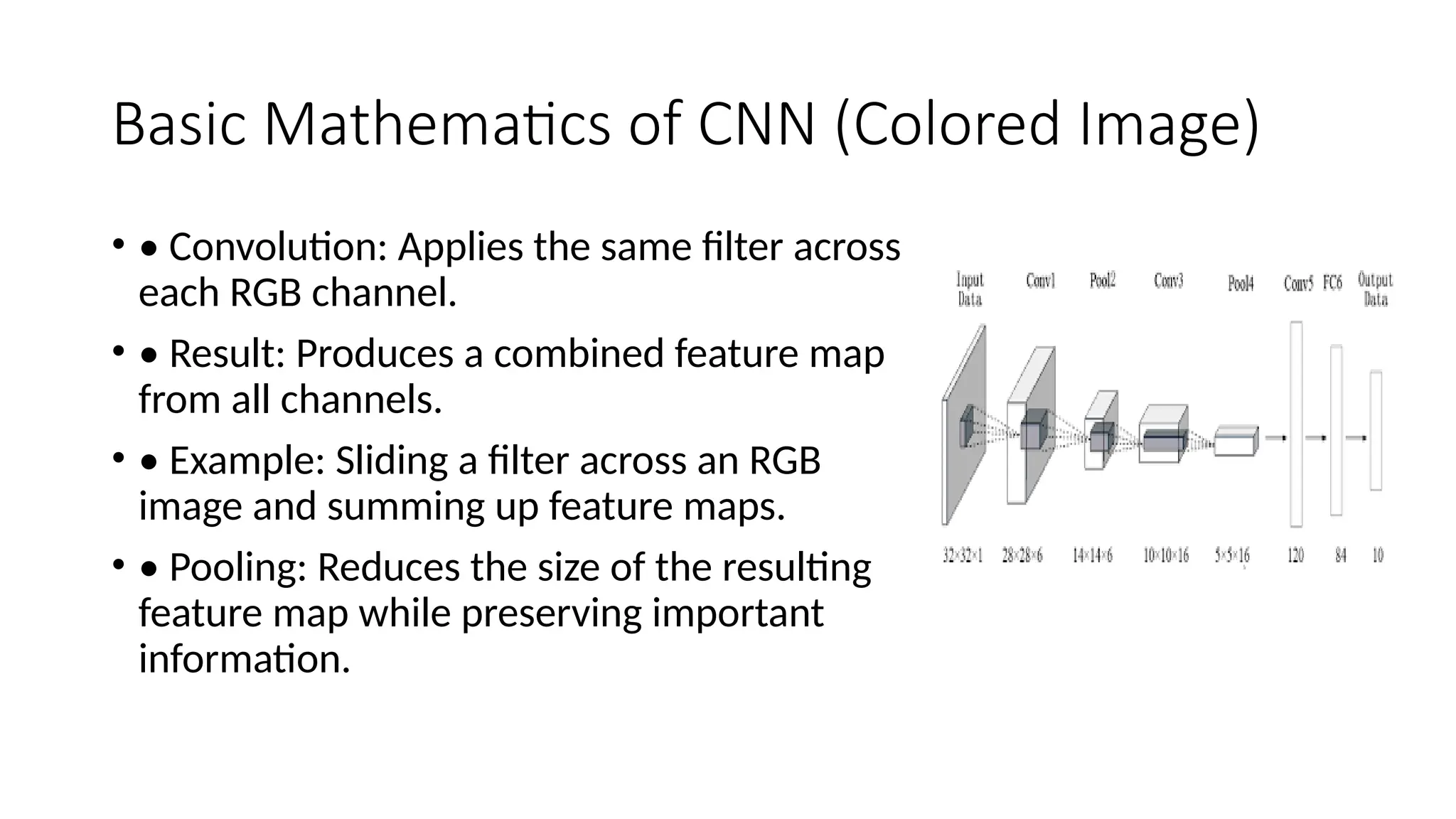 Basic Mathematics of CNN (Colored Image)
• • Convolution: Applies the same filter across
each RGB channel.
• • Result: Produces a combined feature map
from all channels.
• • Example: Sliding a filter across an RGB
image and summing up feature maps.
• • Pooling: Reduces the size of the resulting
feature map while preserving important
information.
 