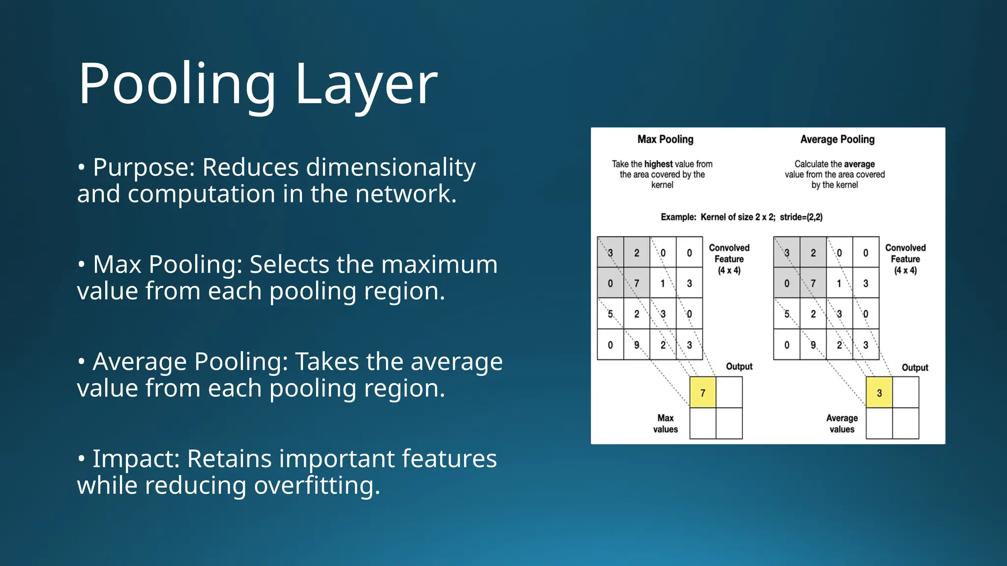 Pooling Layer • Purpose: Reduces dimensionality and computation in the network. • Max Pooling: Selects the maximum value from each pooling region. • Average Pooling: Takes the average value from each pooling region. • Impact: Retains important features while reducing overfitting. 