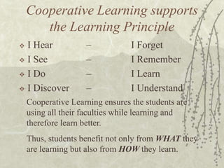 Cooperative Learning supports
the Learning Principle
I Hear
 I See
 I Do
 I Discover


–
–
–
–

I Forget
I Remember
I Learn
I Understand

Cooperative Learning ensures the students are
using all their faculties while learning and
therefore learn better.
Thus, students benefit not only from WHAT they
are learning but also from HOW they learn.

 