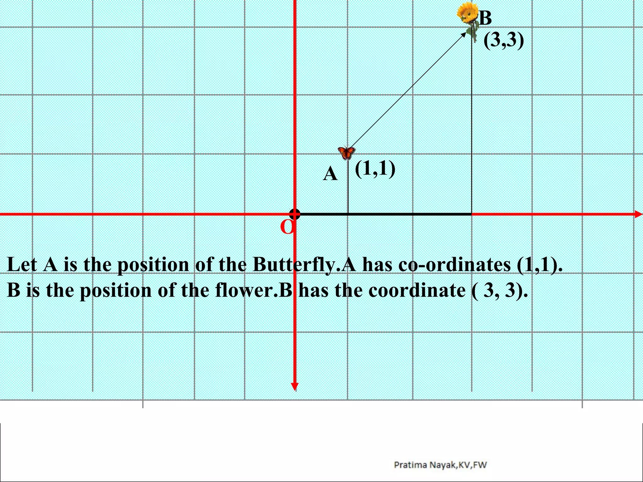 B
(3,3)

A (1,1)
O
Let A is the position of the Butterfly.A has co-ordinates (1,1).
B is the position of the flower.B has the coordinate ( 3, 3).

 