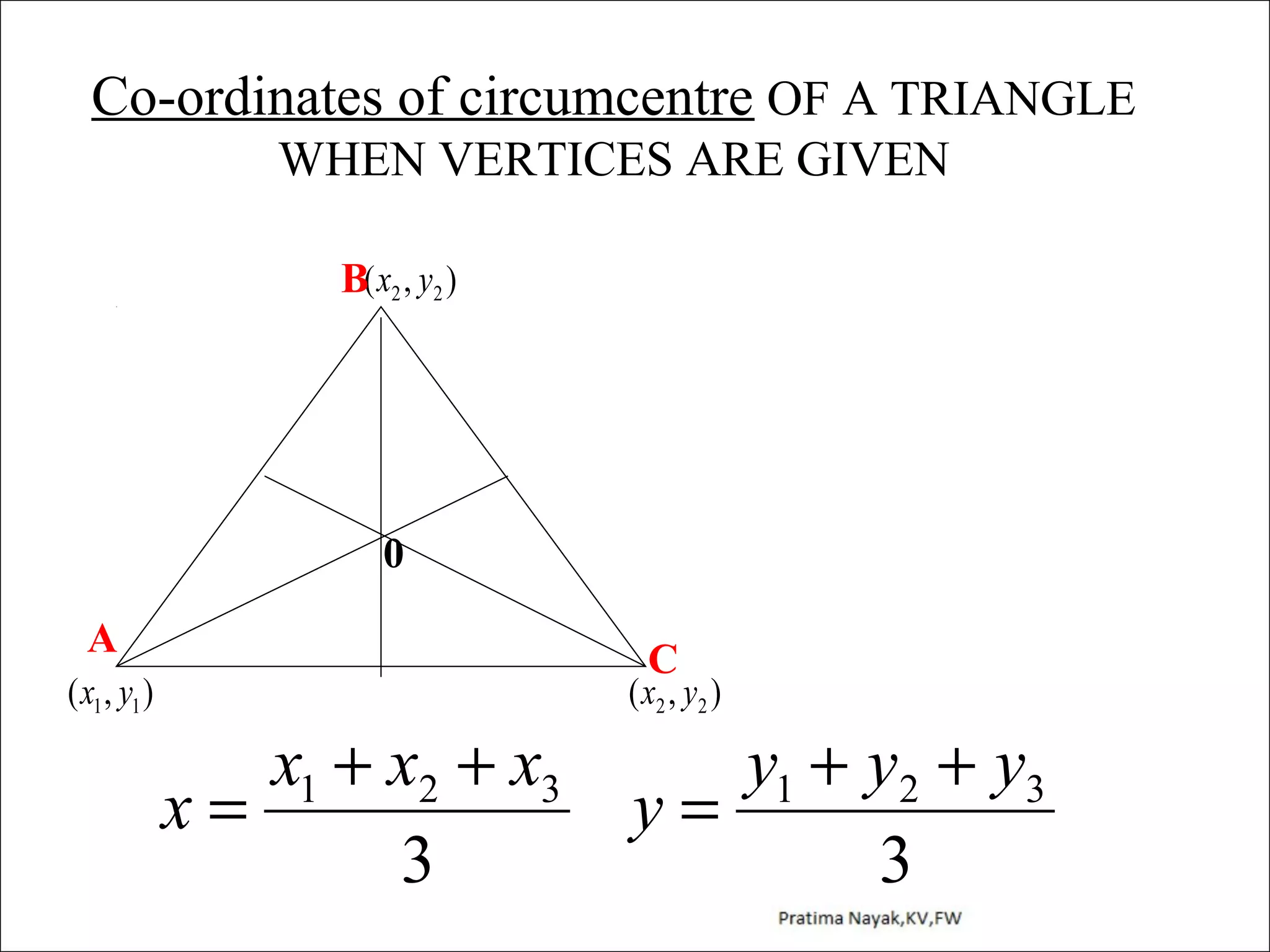 Co-ordinates of circumcentre OF A TRIANGLE
WHEN VERTICES ARE GIVEN
B( x2 , y2 )

0
A
( x1 , y1 )

C

x1 + x2 + x3
x=
3

( x2 , y 2 )

y1 + y2 + y3
y=
3

 