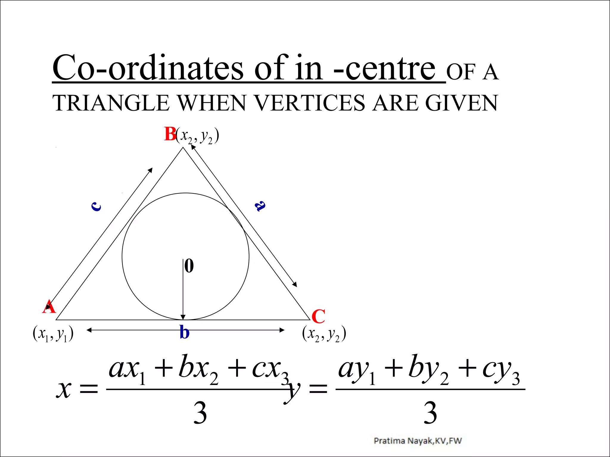 Co-ordinates of in -centre OF A
TRIANGLE WHEN VERTICES ARE GIVEN
B( x2 , y2 )

c

a

0
A
( x1 , y1 )

b

C

( x2 , y 2 )

ax1 + bx2 + cx3 ay1 + by2 + cy3
x=
y=
3
3

 