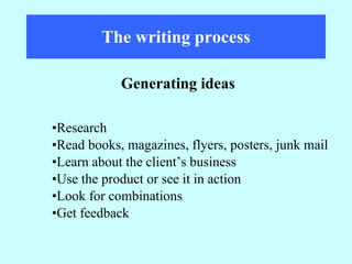 The writing process Research Read books, magazines, flyers, posters, junk mail Learn about the client’s business Use the product or see it in action Look for combinations Get feedback Generating ideas 