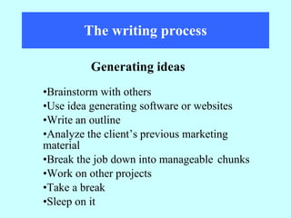 The writing process Brainstorm with others Use idea generating software or websites Write an outline Analyze the client’s previous marketing  material Break the job down into manageable  chunks Work on other projects Take a break Sleep on it Generating ideas 