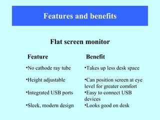 Features and benefits Flat screen monitor Looks good on desk Sleek, modern design Easy to connect USB devices Integrated USB ports Can position screen at eye level for greater comfort Height adjustable Takes up less desk space No cathode ray tube Benefit Feature 