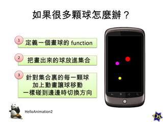 如果很多顆球怎麼辦？
1

定義一個畫球的 function

2

把畫出來的球放進集合

3

針對集合裏的每一顆球
加上動畫讓球移動
一樣碰到邊邊時切換方向
HelloAnimation2

 