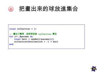 2

把畫出來的球放進集合

local collection = {}
-- 畫出三顆球，並把球放進 collection 集合
for i=1,#params do
local ball = newBall(params[i])
collection[#collection + 1] = ball
end

 