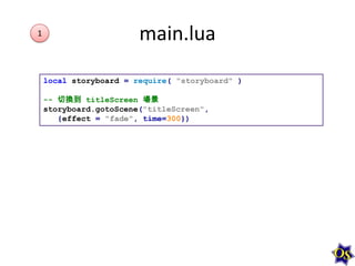 1

main.lua
local storyboard = require( "storyboard" )
-- 切換到 titleScreen 場景
storyboard.gotoScene("titleScreen",
{effect = "fade", time=300})

 