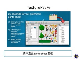 TexturePacker

用來產生 Sprite sheet 圖檔

 