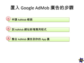 置入 Google AdMob 廣告的步驟
1

申請 AdMob 帳號

2

到 AdMob 網站新增應用程式

3

整合 AdMob 廣告到你的 App 裏

 
