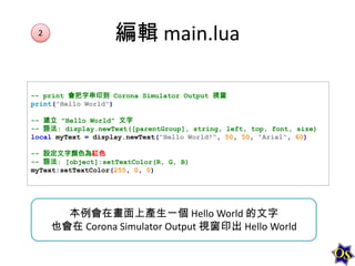 2

編輯 main.lua

-- print 會把字串印到 Corona Simulator Output 視窗
print("Hello World")
-- 建立 "Hello World" 文字
-- 語法: display.newText([parentGroup], string, left, top, font, size)
local myText = display.newText("Hello World!", 50, 50, "Arial", 60)

-- 設定文字顏色為紅色
-- 語法: [object]:setTextColor(R, G, B)
myText:setTextColor(255, 0, 0)

本例會在畫面上產生一個 Hello World 的文字
也會在 Corona Simulator Output 視窗印出 Hello World

 