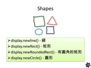 Shapes

display.newline() - 線
display.newRect() - 矩形
display.newRoundedRect() - 有圓角的矩形
display.newCircle() - 圓形

 