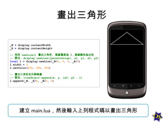 畫出三角形
_W = display.contentWidth
_H = display.contentHeight
-- 利用 newLine() 畫出三角形, 框線寬度為 3，框線顏色為白色
-- 語法: display.newLine([parentGroup], x1, y1, x2, y2)
local l = display.newLine(_W/2, 0, 0, _H/4)
l.width = 3
l:setColor(255, 255, 255)
-- 畫出三角形另外兩條邊
-- 語法: lineObject:append(x, y, [x2, y2...])
l:append(_W, _H/4, _W/2, 0)

建立 main.lua，然後輸入上列程式碼以畫出三角形

 