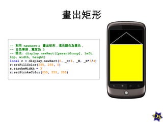 畫出矩形
-- 利用 newRect() 畫出矩形，填充顏色為黃色，
-- 白色筆刷，寬度為 3
-- 語法: display.newRect([parentGroup], left,
top, width, height)
local r = display.newRect(0, _H/4, _W, _H*3/4)
r:setFillColor(255, 255, 0)
r.strokeWidth = 3
r:setStrokeColor(255, 255, 255)

 