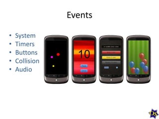 Events
•
•
•
•
•

System
Timers
Buttons
Collision
Audio

 