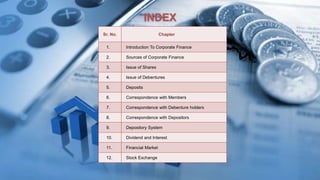 INDEX
Sr. No. Chapter
1. Introduction To Corporate Finance
2. Sources of Corporate Finance
3. Issue of Shares
4. Issue of Debentures
5. Deposits
6. Correspondence with Members
7. Correspondence with Debenture holders
8. Correspondence with Depositors
9. Depository System
10. Dividend and Interest
11. Financial Market
12. Stock Exchange
 