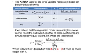 • The ANOVA table for the three-variable regression model can
be formed as following:
• If we believe that the regression model is meaningless so we
cannot reject the null hypothesis that all slope coefficients are
simultaneously equal to zero, otherwise the test statistic
𝐹 =
𝐸𝑆𝑆/𝑑𝑓
𝑅𝑆𝑆/𝑑𝑓
=
𝒃 𝟏 𝒚𝒊 𝒙 𝟏𝒊 + 𝒃 𝟐 𝒚𝒊 𝒙 𝟐𝒊
𝟐
𝒆𝒊
𝟐
𝒏 − 𝟑
Which follows the F-distribution with 2 and 𝒏 − 𝟑 df must be much
bigger than 1.
Source of variation Sum of Squares (SS) df Mean Sum of Squares (MSS)
Due to Explanatory
Variables
𝒃 𝟏 𝒚𝒊 𝒙 𝟏𝒊 + 𝒃 𝟐 𝒚𝒊 𝒙 𝟐𝒊 2
𝒃 𝟏 𝒚𝒊 𝒙 𝟏𝒊 + 𝒃 𝟐 𝒚𝒊 𝒙 𝟐𝒊
𝟐
Due to Residuals
𝒆𝒊
𝟐
𝒏 − 𝟑
𝝈 𝟐
=
𝒆𝒊
𝟐
𝒏 − 𝟑
Total
𝒚𝒊
𝟐
𝒏 − 𝟏
 