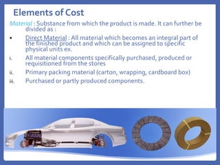 Elements of Cost
Material : Substance from which the product is made. It can further be
divided as :
 Direct Material : All material which becomes an integral part of
the finished product and which can be assigned to specific
physical units ex.
i. All material components specifically purchased, produced or
requisitioned from the stores
ii. Primary packing material (carton, wrapping, cardboard box)
iii. Purchased or partly produced components.
3/13/2024 23
 