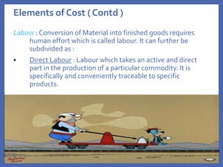 Elements of Cost ( Contd )
Labour : Conversion of Material into finished goods requires
human effort which is called labour. It can further be
subdivided as :
 Direct Labour : Labour which takes an active and direct
part in the production of a particular commodity. It is
specifically and conveniently traceable to specific
products.
3/13/2024 25
 