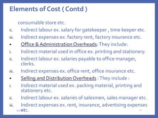 Elements of Cost ( Contd )
consumable store etc.
ii. Indirect labour ex. salary for gatekeeper , time keeper etc.
iii. Indirect expenses ex. factory rent, factory insurance etc.
 Office & Administration Overheads:They include:
i. Indirect material used in office ex. printing and stationery.
ii. Indirect labour ex. salaries payable to office manager,
clerks.
iii. Indirect expenses ex. office rent, office insurance etc.
 Selling and Distribution Overheads :They include :
i. Indirect material used ex. packing material, printing and
stationery etc.
ii. Indirect labour ex. salaries of salesmen, sales manager etc.
iii. Indirect expenses ex. rent, insurance, advertising expenses
etc.
3/13/2024 29
 