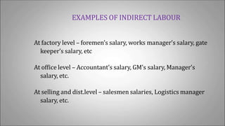 EXAMPLES OF INDIRECT LABOUR
At factory level – foremen’s salary, works manager’s salary, gate
keeper’s salary, etc
At office level – Accountant’s salary, GM’s salary, Manager’s
salary, etc.
At selling and dist.level – salesmen salaries, Logistics manager
salary, etc.
 