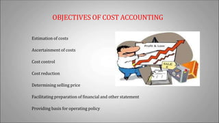 OBJECTIVES OF COST ACCOUNTING
Estimation of costs
Ascertainment of costs
Cost control
Cost reduction
Determining selling price
Facilitating preparation of financial and other statement
Providing basis for operating policy
 