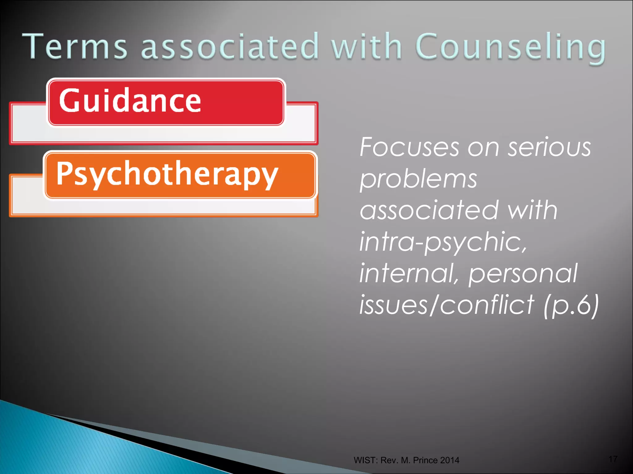 Focuses on serious
problems
associated with
intra-psychic,
internal, personal
issues/conflict (p.6)

WIST: Rev. M. Prince 2014

17

 
