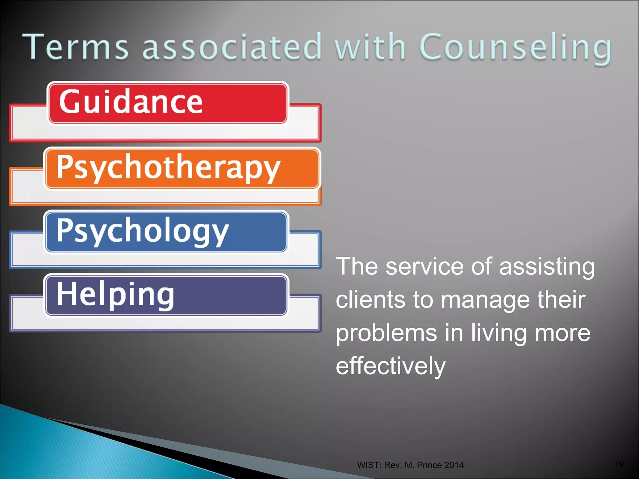 The service of assisting
clients to manage their
problems in living more
effectively

WIST: Rev. M. Prince 2014

19

 