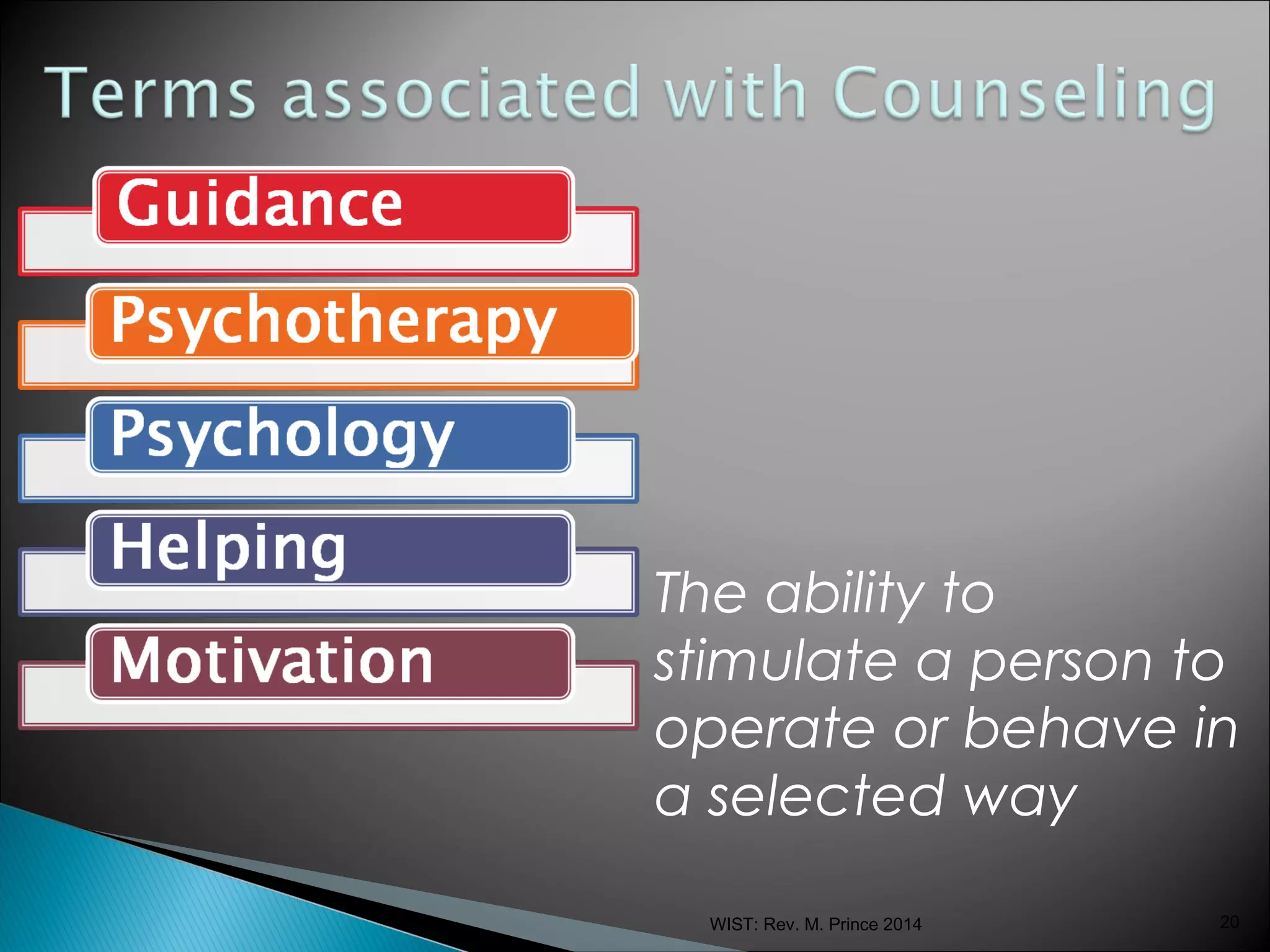 The ability to
stimulate a person to
operate or behave in
a selected way
WIST: Rev. M. Prince 2014

20

 