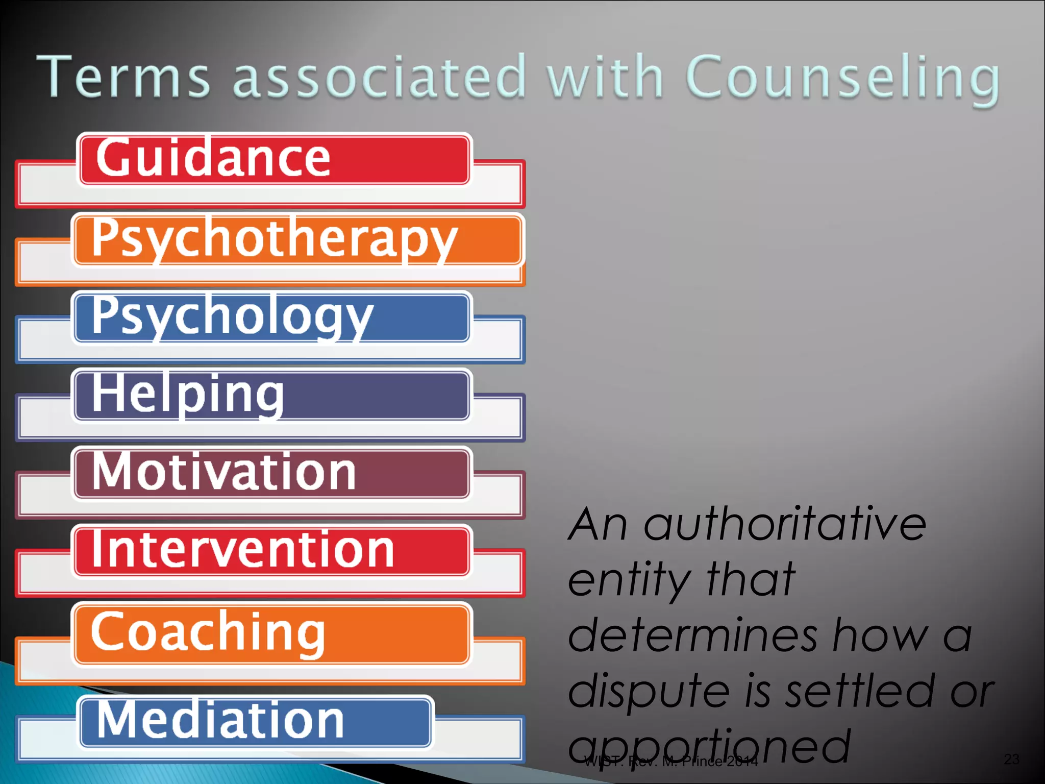 An authoritative
entity that
determines how a
dispute is settled or
apportioned
WIST: Rev. M. Prince 2014

23

 