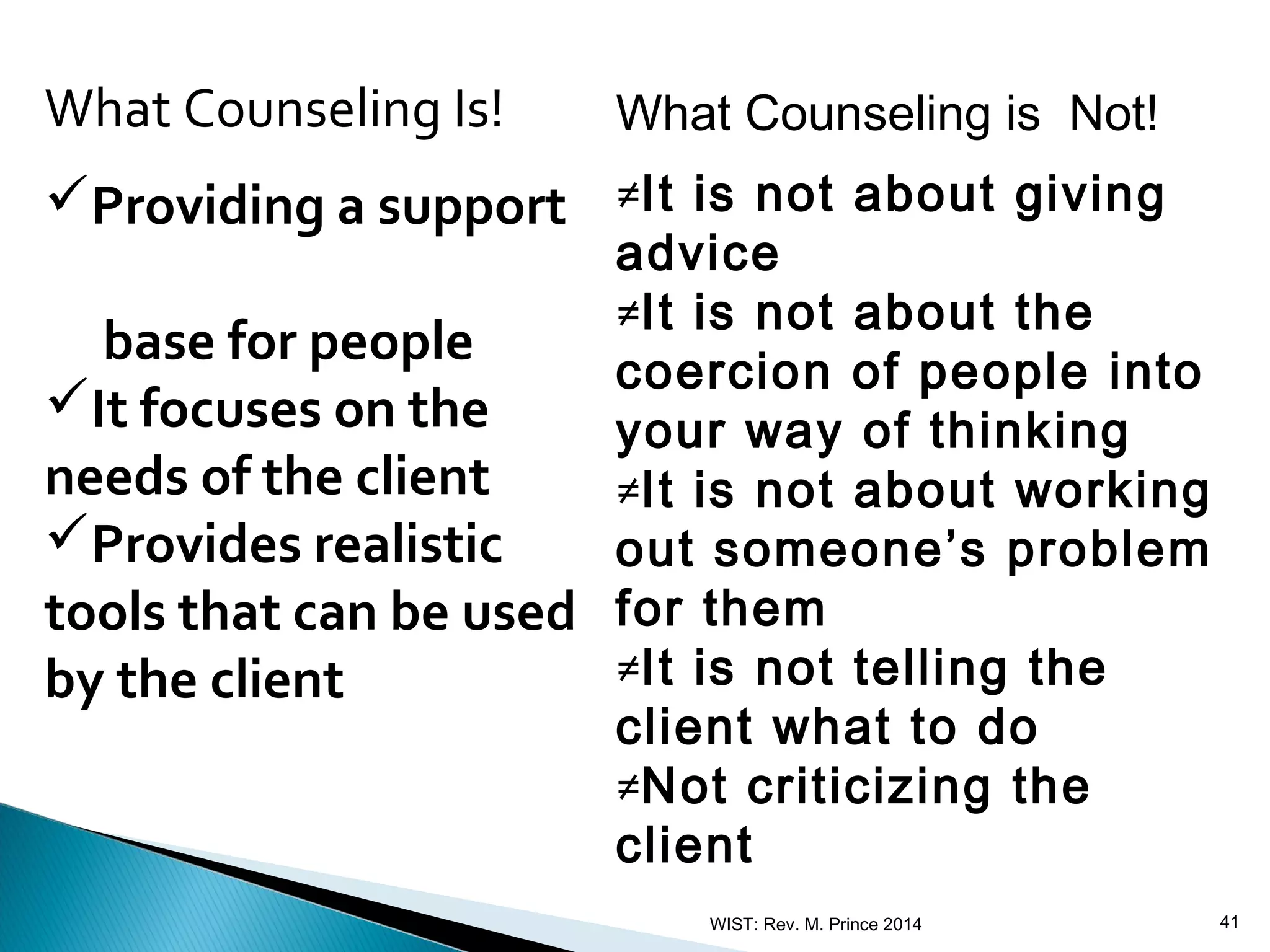 What Counseling Is!

What Counseling is Not!

Providing a support ≠It is not about giving

advice
≠It is not about the
base for people
coercion of people into
It focuses on the
your way of thinking
needs of the client
≠It is not about working
Provides realistic
out someone’s problem
tools that can be used for them
≠It is not telling the
by the client
client what to do
≠Not criticizing the
client
WIST: Rev. M. Prince 2014

41

 