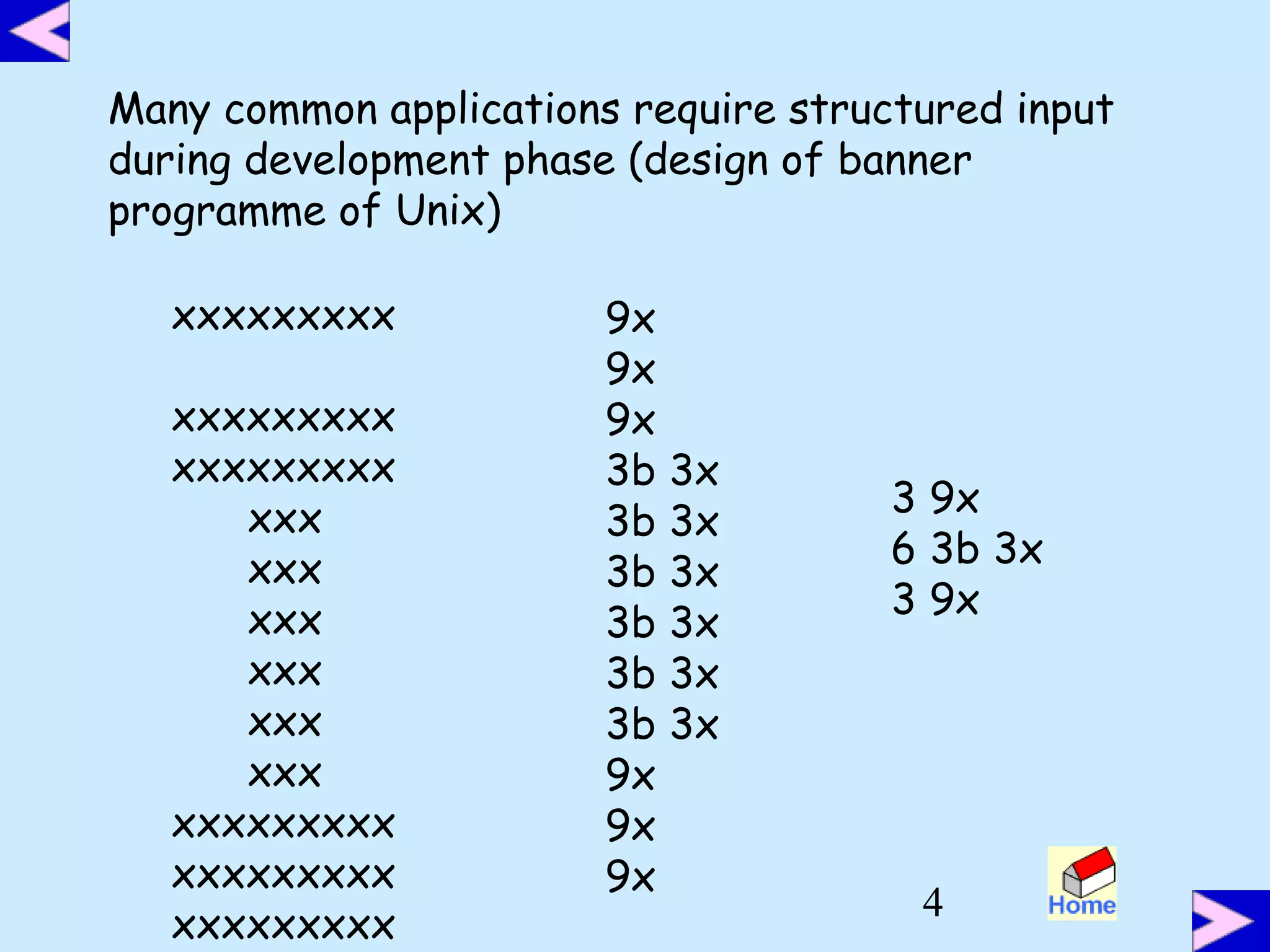 4
Many common applications require structured input
during development phase (design of banner
programme of Unix)
xxxxxxxxx
xxxxxxxxx
xxxxxxxxx
xxx
xxx
xxx
xxx
xxx
xxx
xxxxxxxxx
xxxxxxxxx
xxxxxxxxx
9x
9x
9x
3b 3x
3b 3x
3b 3x
3b 3x
3b 3x
3b 3x
9x
9x
9x
3 9x
6 3b 3x
3 9x
 