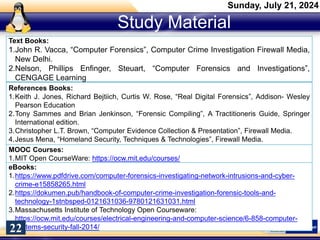 Study Material
Text Books:
1.John R. Vacca, “Computer Forensics”, Computer Crime Investigation Firewall Media,
New Delhi.
2.Nelson, Phillips Enfinger, Steuart, “Computer Forensics and Investigations”,
CENGAGE Learning
References Books:
1.Keith J. Jones, Richard Bejtiich, Curtis W. Rose, “Real Digital Forensics”, Addison- Wesley
Pearson Education
2.Tony Sammes and Brian Jenkinson, “Forensic Compiling”, A Tractitioneris Guide, Springer
International edition.
3.Christopher L.T. Brown, “Computer Evidence Collection & Presentation”, Firewall Media.
4.Jesus Mena, “Homeland Security, Techniques & Technologies”, Firewall Media.
MOOC Courses:
1.MIT Open CourseWare: https://ocw.mit.edu/courses/
eBooks:
1.https://www.pdfdrive.com/computer-forensics-investigating-network-intrusions-and-cyber-
crime-e15858265.html
2.https://dokumen.pub/handbook-of-computer-crime-investigation-forensic-tools-and-
technology-1stnbsped-0121631036-9780121631031.html
3.Massachusetts Institute of Technology Open Courseware:
https://ocw.mit.edu/courses/electrical-engineering-and-computer-science/6-858-computer-
systems-security-fall-2014/
Sunday, July 21, 2024
22
 