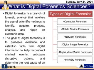 What is Digital Forensics Sciences?
 Digital forensics is a branch of
forensic science that involves
the use of scientific methods to
identify, acquire, process,
analyze, and report on
electronic data.
 The goal of digital forensics is
to preserve evidence and
establish facts from digital
information to help reconstruct
criminal events, anticipate
disruptive actions, and
determine the root cause of an
incident.
Sunday, July 21, 2024
5
Types of Digital Forensics
•Computer Forensics
•Mobile Device Forensics
•Network Forensics
•Digital Image Forensics
•Digital Video/Audio Forensics
•Memory Forensics
 