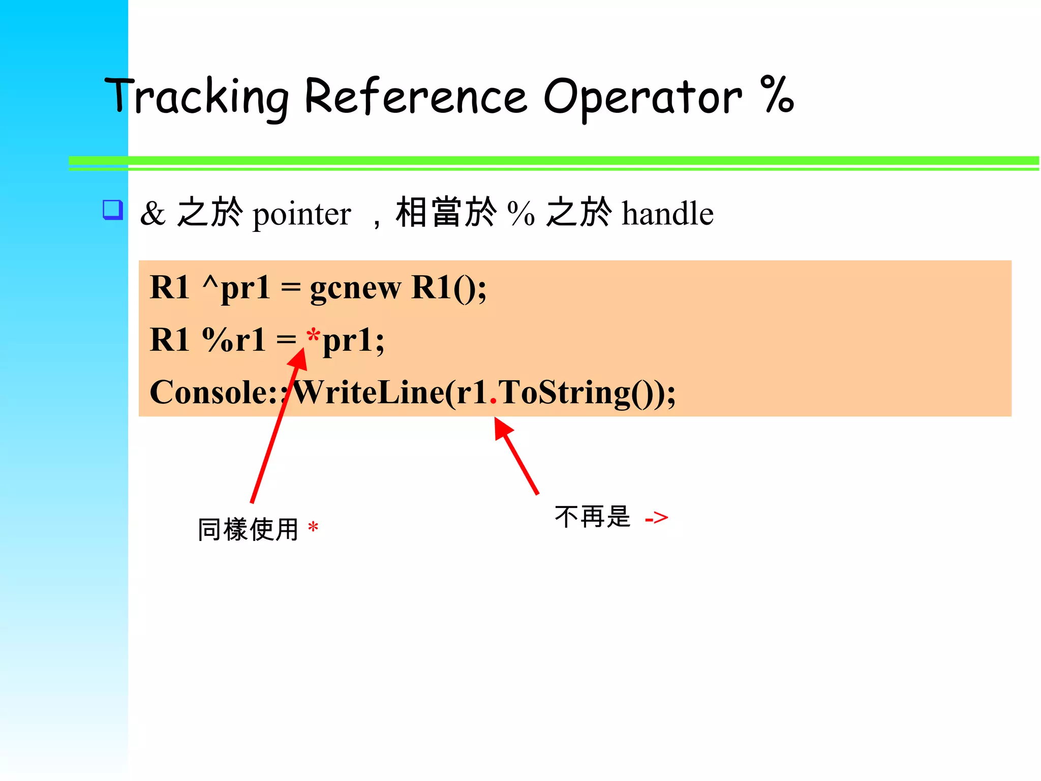 Tracking Reference Operator % & 之於 pointer ，相當於 % 之於 handle R1 ^pr1 = gcnew R1(); R1 %r1 =  * pr1; Console::WriteLine(r1 . ToString()); 不再是  -> 同樣使用 * 