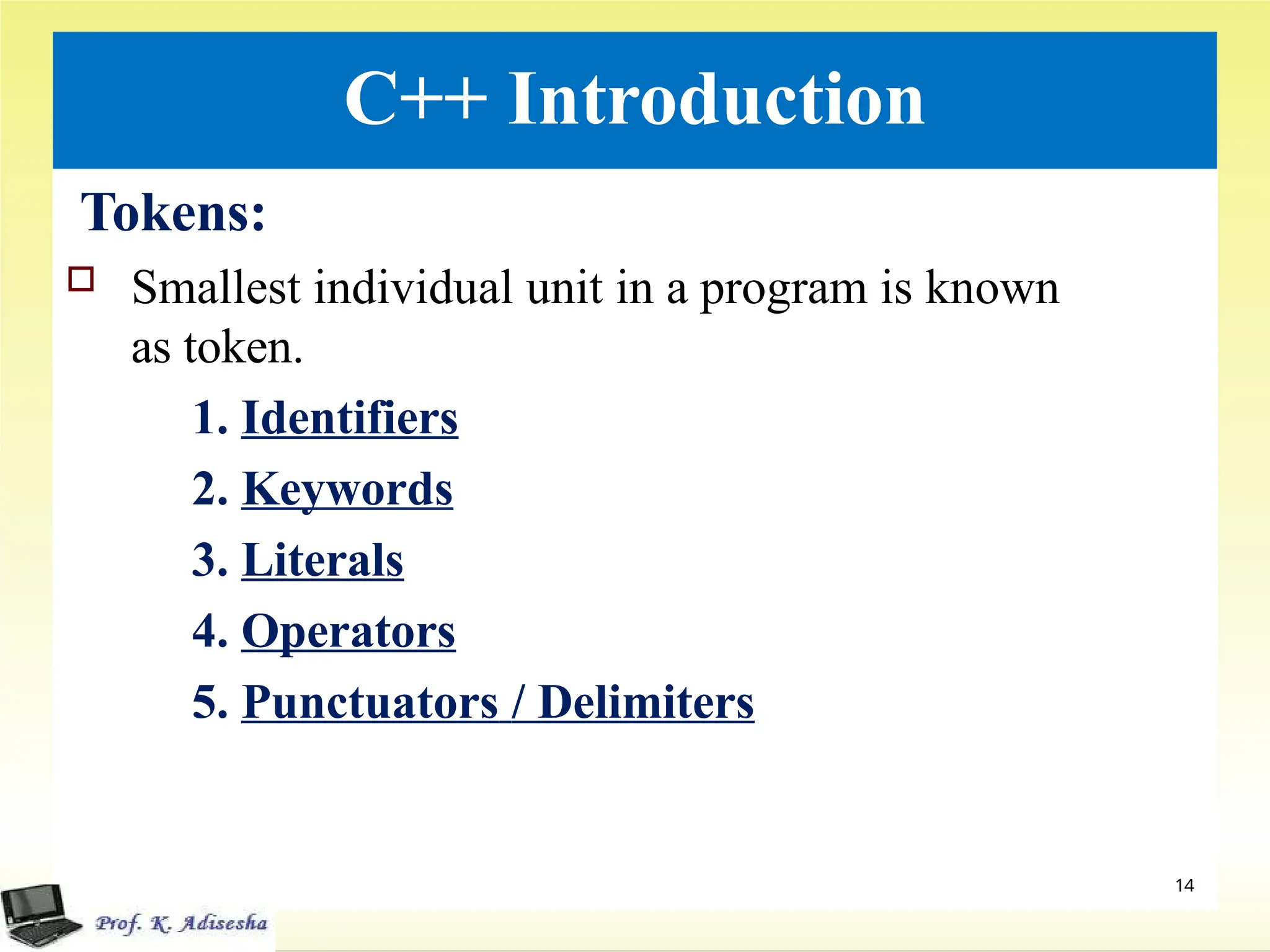 C++ Introduction
Tokens:
 Smallest individual unit in a program is known
as token.
1. Identifiers
2. Keywords
3. Literals
4. Operators
5. Punctuators / Delimiters
14
 
