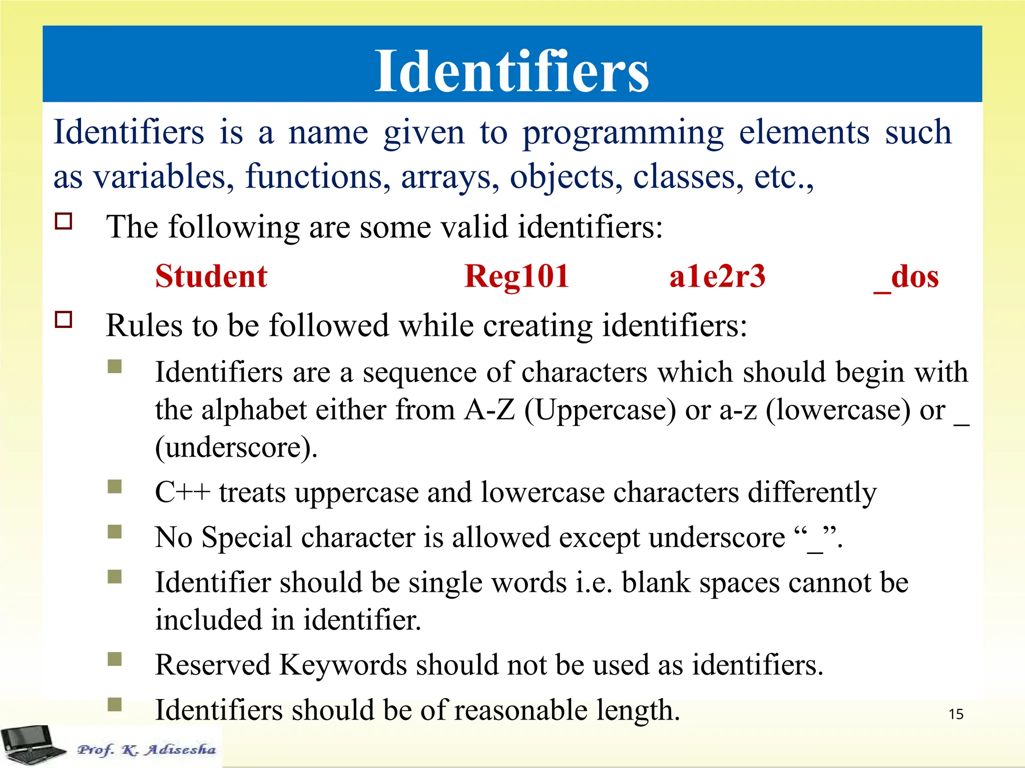 Identifiers
Identifiers is a name given to programming elements such
as variables, functions, arrays, objects, classes, etc.,
 The following are some valid identifiers:
Student Reg101 a1e2r3 _dos
 Rules to be followed while creating identifiers:
 Identifiers are a sequence of characters which should begin with
the alphabet either from A-Z (Uppercase) or a-z (lowercase) or _
(underscore).
 C++ treats uppercase and lowercase characters differently
 No Special character is allowed except underscore “_”.
 Identifier should be single words i.e. blank spaces cannot be
included in identifier.
 Reserved Keywords should not be used as identifiers.
 Identifiers should be of reasonable length. 15
 