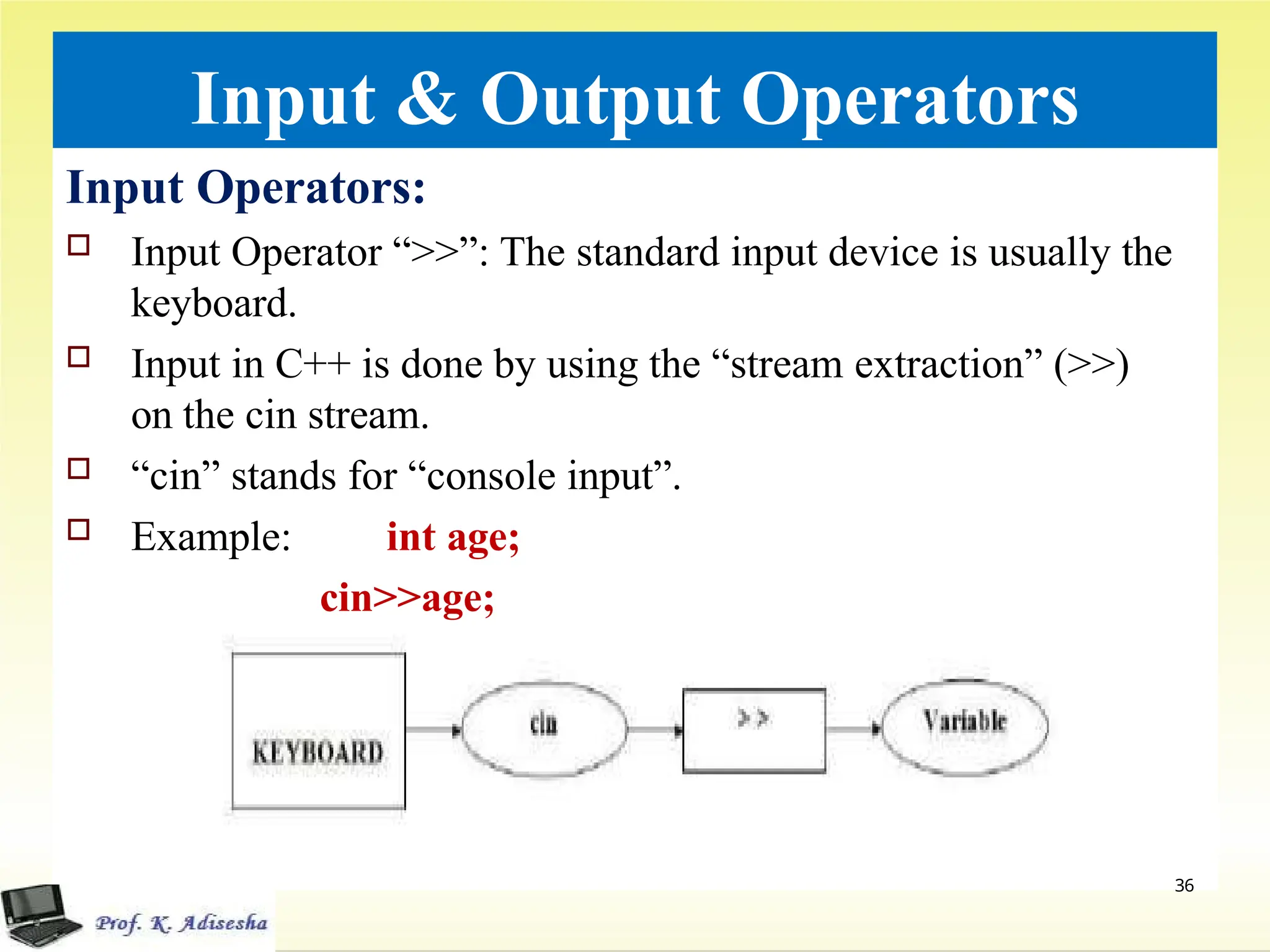 Input & Output Operators
Input Operators:
 Input Operator “>>”: The standard input device is usually the
keyboard.
 Input in C++ is done by using the “stream extraction” (>>)
on the cin stream.
 “cin” stands for “console input”.
 Example: int age;
cin>>age;
36
 