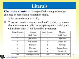 Literals
Character constants: are specified as single character
enclosed in pair of single quotation marks.
For example char ch = ‘P’;
 There are certain characters used in C++ which represents
character constants called as escape sequence which starts
with a back slash (  ) followed by a character.
20
 