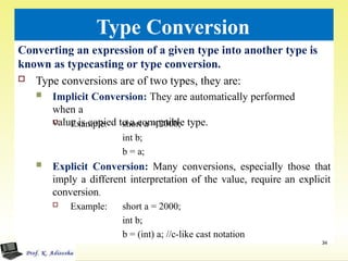 Type Conversion
Converting an expression of a given type into another type is
known as typecasting or type conversion.
 Type conversions are of two types, they are:
 Implicit Conversion: They are automatically performed
when a
value is copied to a compatible type.
 Example: short a = 2000;
int b;
b = a;
 Explicit Conversion: Many conversions, especially those that
imply a different interpretation of the value, require an explicit
conversion.
 Example: short a = 2000;
int b;
b = (int) a; //c-like cast notation
34
 
