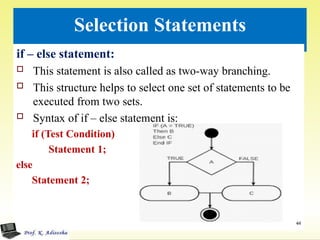 Selection Statements
if – else statement:
 This statement is also called as two-way branching.
 This structure helps to select one set of statements to be
executed from two sets.
 Syntax of if – else statement is:
if (Test Condition)
Statement 1;
else
Statement 2;
44
 