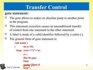 Transfer Control
goto statement:
 The goto allows to makes an absolute jump to another point
in the program.
 This statement execution causes an unconditional transfer
of control from one statement to the other statement.
 A label is made of a valid identifier followed by a colon (:).
 The general form of goto statement is:
void main( )
{ int n=10;
loop: cout<<”t”<<n;
n--;
if(n>0) goto
loop;
cout<<”End of
loop”;
getch( ); } 55
 